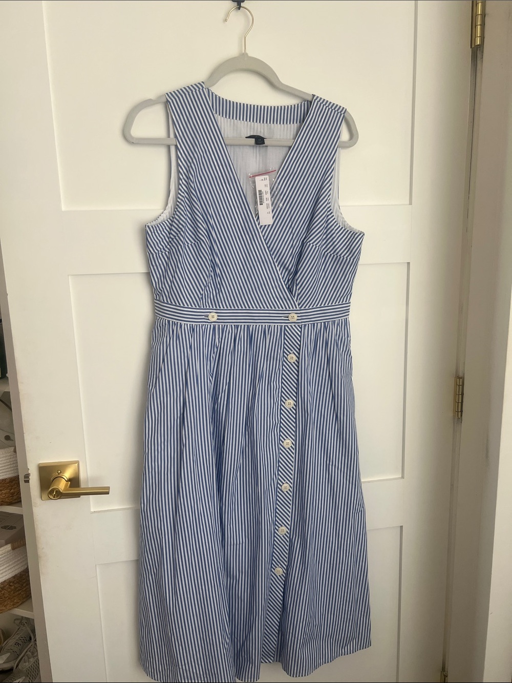 J. Crew Blue and White Striped Sleeveless Wrap-Style Midi Dress